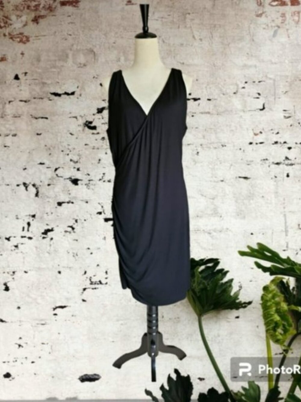 Banana Republic Black Side Ruched Faux Wrap Midi Dress size XL EUC